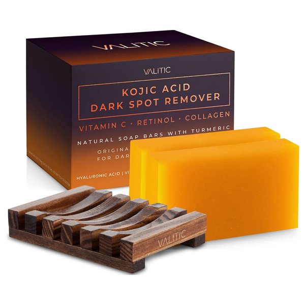VALITIC Kojic Acid Dark Spot Remover Soap Bar with Vitamin C,Retinol,Collagen,Turmeric - Original Japanese Complex Hyaluronic Acid,E,Shea Butter,Castile Oil (2 Pack) With Holder,Pack of 3,3.5 ounces