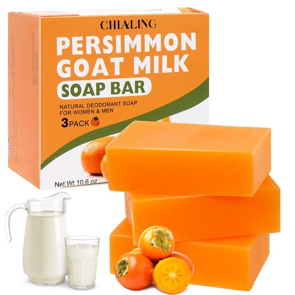 Chialing Persimmon Body Soaps Bar for Eliminate Nonenal Odor| Purely Natural Handmade| Persimmon Soap For Old People Smell Rich Persimmon & Goat Milk Extract Soap for Men & Women(Pack of 3)
