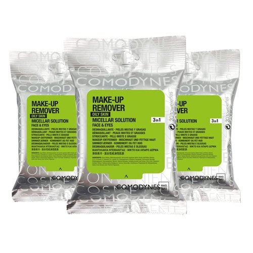(3 Pack) COMODYNES Make-Up Remover Oily & Combination Skin,Wipes - Regulate And Purify The Skin - Green Tea Extract