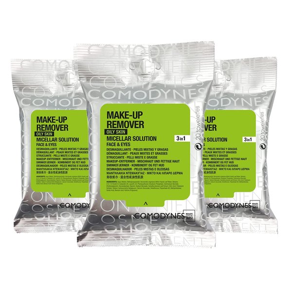 (3 Pack) COMODYNES Make-Up Remover Oily & Combination Skin,Wipes - Regulate And Purify The Skin - Green Tea Extract