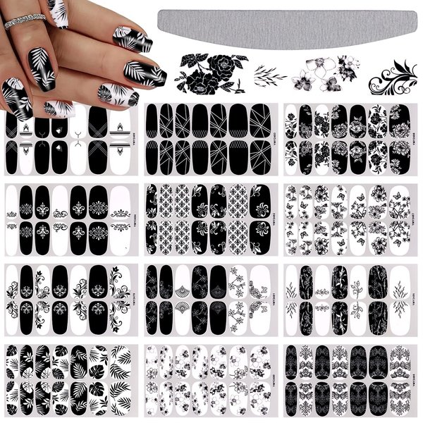 EBANKU 12 Sheets Black White Nail Polish Strips Wraps, Full Wrap Adhesive Nail Polish Stickers with 1 Nail File, Leaves Flower Vine Pattern Nail Wrap Stickers for Women Nail Art Decorations