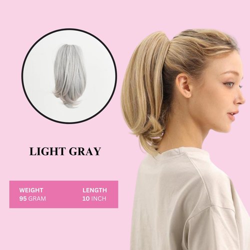 JUVABUN 10" Straight Claw Clip In Ponytail Hair Extensions - Light Gray| Synthetic Ponytail Extension | Hair Extensions for Women & Men | Washable, Realistic And Synthetic |Light Gray