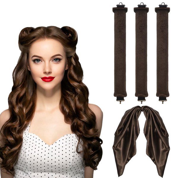 4 in 1 Pack No Heat Curling Rod, Velvet Hair Curlers to Sleep in Overnight Curls with Hook Blowout Rods Headband with Silk Scarf Curl Styling Kit for Long Medium Hair, Brown