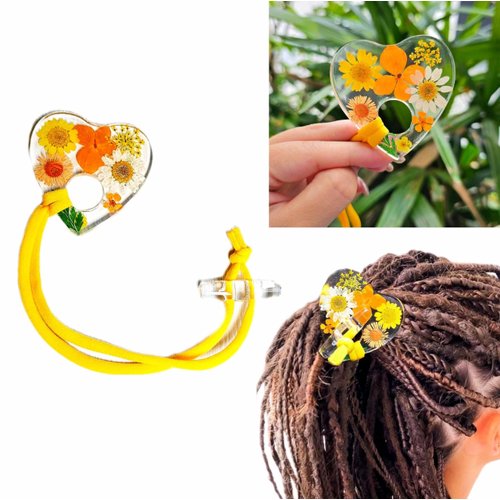 Nutty Natte Handmade knotted Elastic Hair Tie for Dreadlock Crystal Eco Resin Real Flower Ouija Pointer, Embedded Ponytail Holders Loc Hair Accessories for Women Men Thick Hair (Yellow)