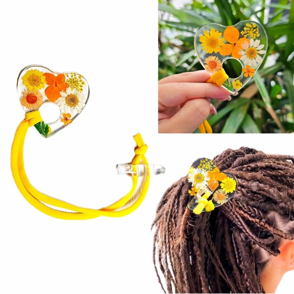 Nutty Natte Handmade knotted Elastic Hair Tie for Dreadlock Crystal Eco Resin Real Flower Ouija Pointer, Embedded Ponytail Holders Loc Hair Accessories for Women Men Thick Hair (Yellow)