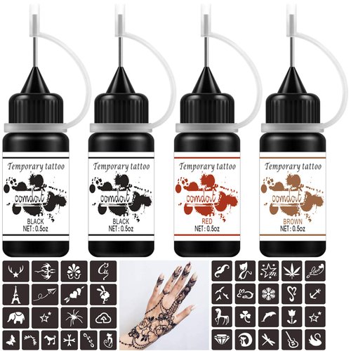 Comdoit Temporary Tattoos Kit, Semi Permanent Tattoos Jagua Gel Freehand Ink DIY Tattoos Fake Freckles 42 Pcs Tattoos Stencils Temp Tattoos for Women Kids Men Body Art Markers (4 Bottles)