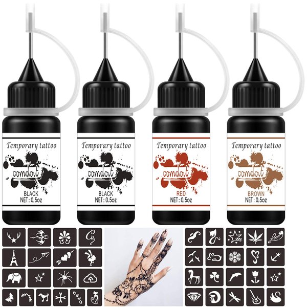 Comdoit Temporary Tattoos Kit, Semi Permanent Tattoos Jagua Gel Freehand Ink DIY Tattoos Fake Freckles 42 Pcs Tattoos Stencils Temp Tattoos for Women Kids Men Body Art Markers (4 Bottles)