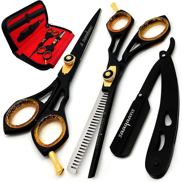 Saaqaans Professional Barber Shears Kit Tools - Hair Cutting Scissors Set for Hairdresser/Hair Salon + Thinning/Texture Hairdressing Haircut Shear for Beautician + Straight Razor + 10 Blades with Case