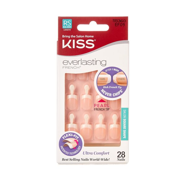 KISS Everlasting Press On Nails, Nail glue included, 'String Of Pearls', French, Real Short Size, Squoval Shape, Includes 28 Nails, 2g Glue, 1 Manicure Stick, 1 Mini file