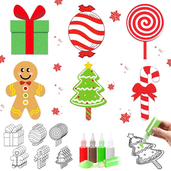 Tellegloww 24 Set Christmas Sand Art Kits for Kids Christmas Crafts Candy Cane Gingerbread Kit Create Your Own Christmas Sand Painting Kits Classroom Fun Home Creative Activities