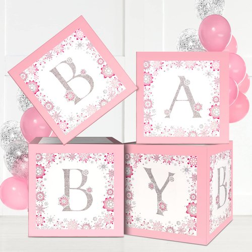 Henoyso 4 Pcs Baby Boxes with Letters for Baby Shower, Winter Wonderland Baby Shower Blocks Decorations Baby Shower Decorations Snowflake Decorations for Girl Boy Baby Shower Party Supplies(Pink)