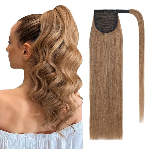 SEGO Pro Ponytail Extensions Human Hair Long Straight Ponytail Hair Extensions with Magic Paste Wrap Around Clip in Ponytail Extensions Real Human Hair,22inch #6 Light Brown,95g