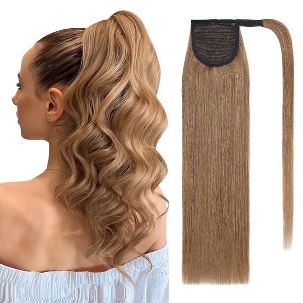 SEGO Pro Ponytail Extensions Human Hair Long Straight Ponytail Hair Extensions with Magic Paste Wrap Around Clip in Ponytail Extensions Real Human Hair,22inch #6 Light Brown,95g