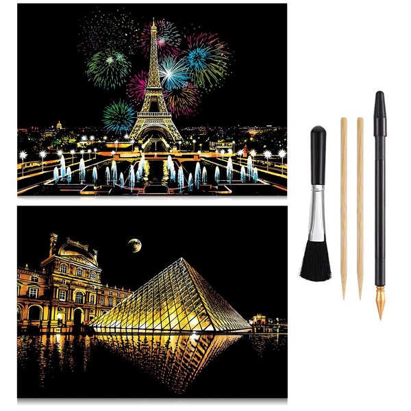MIASTAR Scratch Paper Rainbow Painting Sketch Pads DIY Art Craft Night View Scratchboard for Adults and Teens - Scratch Painting Creative Gift - 2 Packs & Pen, Clean Brush, 16” x 11.2” (Paris/Louvre)
