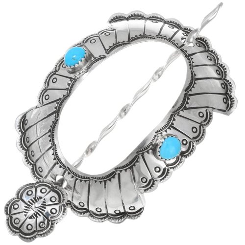 Navajo Turquoise Hammered Silver Hair Stick Barrette 1730