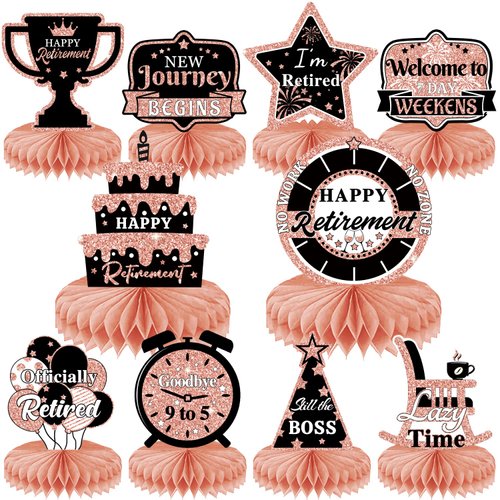 10PCS Retirement Party Decorations，Retirement Honeycomb Centerpieces Rose Gold Retirement Table Decorations for Happy Retirement Party Supplies Women