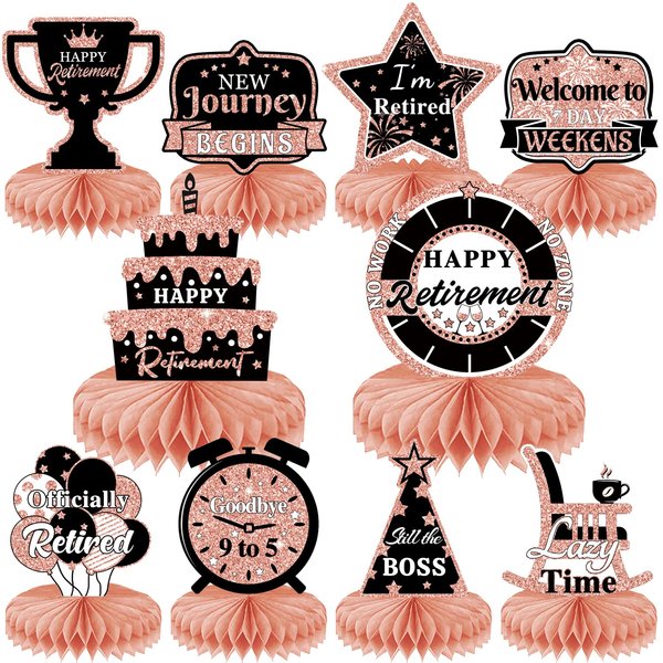 10PCS Retirement Party Decorations，Retirement Honeycomb Centerpieces Rose Gold Retirement Table Decorations for Happy Retirement Party Supplies Women