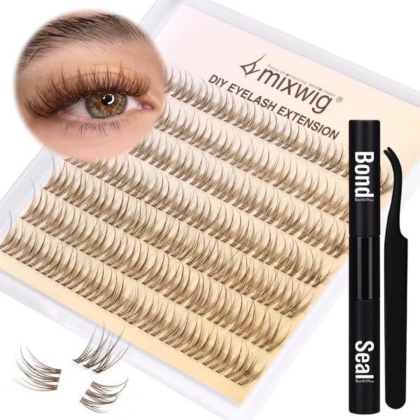 Lvmixwig Brown Lashes Extension Kit Natural Lash Clusters Kit C Curl Individual Lashes Kit Brown 10-12mm Short Eyelash Extensions Kit with Lash Bond and Seal & Lash Applicator for DIY Lash Extension