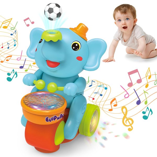 ARHEQI Baby Elephant Toy, Musical Toys for Babies with LED Lights Sounds Blowing Ball, Crawling Toys for Kids Boy Girl, Toddler Sensory Toys, Infant Tummy Time Toys (Blue)