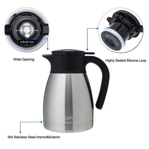 GiNT 34Oz Thermal Coffee Carafe, Insulated Stainless Steel Coffee Carafes for Keeping Hot/Double Walled Vacuum Coffee Carafe (Silver, 1L)