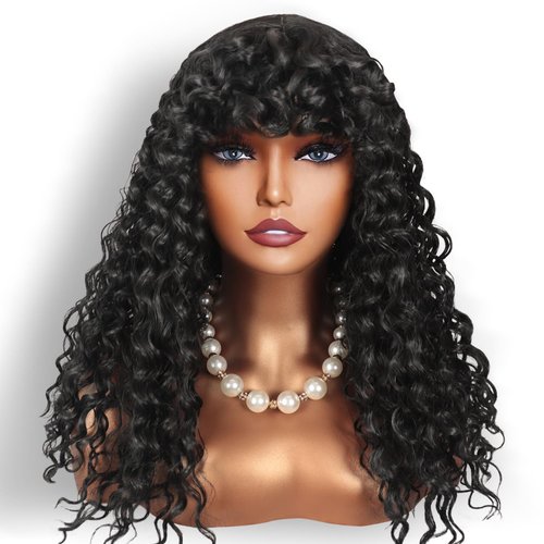 Limerence Long Curly Wig for Black Women Natural Black Curly Wig with Bangs，Curly Wigs with Bangs for Women 20 inch for Daily Use