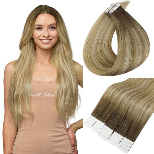 Full Shine Blonde Tape in Hair Extensions Human Hair 22 Inch Seamless Hair Extensions Tape in Color 6 Fading to 27 and 60 Blonde Balayage Tape in Hair Extensions 50 Grams 20Pcs