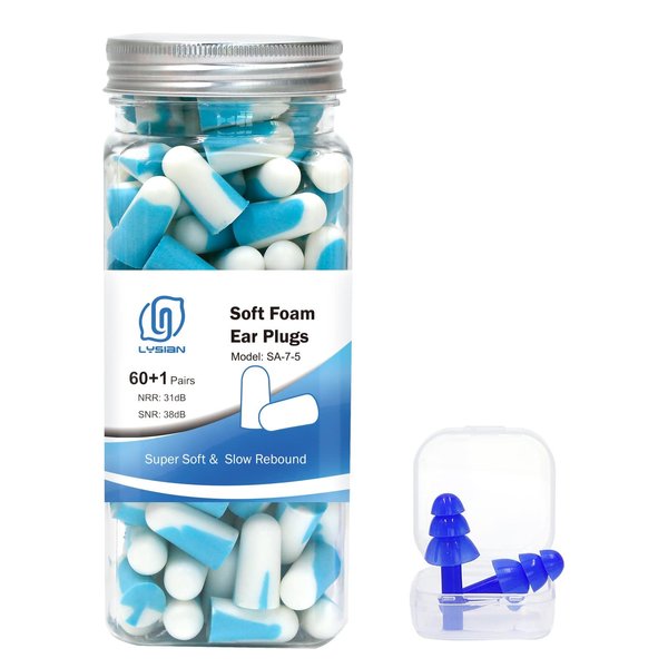 LYSIAN Noise Cancelling Earplugs for Sleep - 60 Pairs, 38dB Ear Plugs for Sleeping, Snoring, Shooting, Mowing Loud Sound Reduction- Double Color Light Blue/White