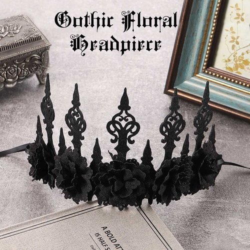 GORTIN Gothic Floral Headpiece Halloween Vintage Crown Headband Red Rose Flower Hair Bands Masquerade Cosplay Hair Accessory for Witcher Makeup Ball Party for Women and Girls (Black)