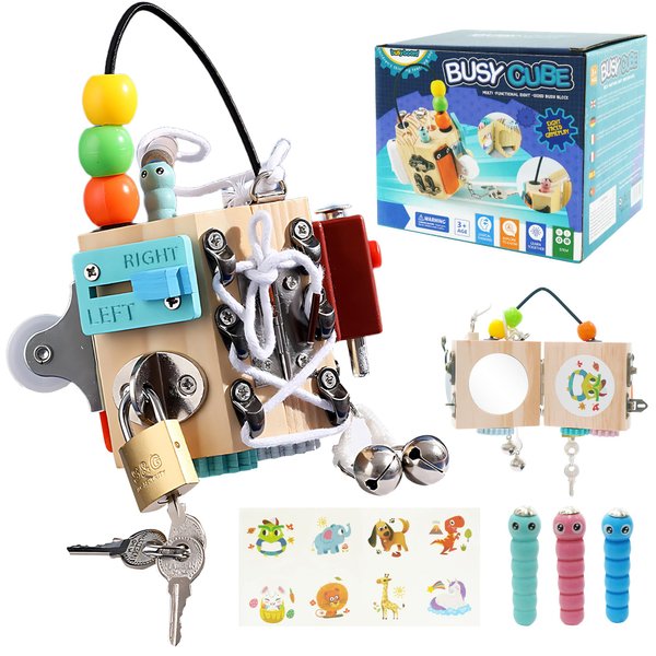 Busy Cube for Kids 15-in-1 Sensory Busy Board Travel Toy Handmade Montessori Educational Learning Toys Activity Board Wooden Activity Cubes for Toddlers 1 2 3 4 5 Years Old