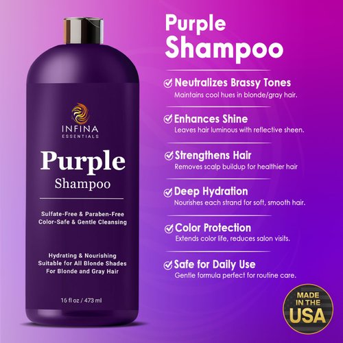 INFINA ESSENTIALS Purple Shampoo for Blondes, Gray, Brassy & Color Treated Hair, Sulfate Free, Enriched with Green Tea & Chamomile & Avocado Oil - Nourishing & Hydrating Blonde Shampoo - 16 fl oz