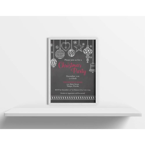 Holiday Party Invitations Christmas Ornament Invites Parties Xmas Chalkboard Snowflakes Ornaments Black Red Rustic Modern Printed Cards (12 count)