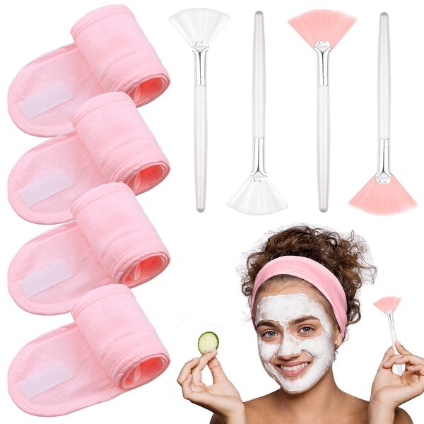 LAPOHI 4 Pack Adjustable Towel Headbands for Washing Face with 4 Pieces Fan Brushes, Facial Mask Brush and Spa Facial Headbands for Women and Grils Skincare Headband for Facial Esthetician Supplies