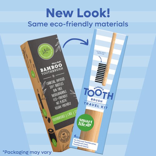 Bamboo Charcoal Toothbrushes (4 Pack) with Travel Case & Stand - Extra Soft Bristles for Adults & Kids Teeth | Zero Waste Travel Toothbrush Kit | Natural Eco-Friendly Wooden Brush Holder Cover