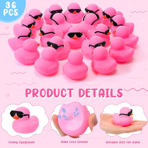 36 Packs Mini Rubber Ducks with Sunglasses Sets 2.2 Inch Duck Bath Toys Squeaky Rubber Ducks Cute Float Bathtub Duckies for Little One Birthday Party Favors Class Prizes Car Decor(Pink)