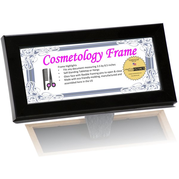 CreativePF [3.5x8.5bk] Cosmetology Self Standing Black License Frame Holds 3.5 by 8.5 inch Media with Easel Back and Wall Hanger