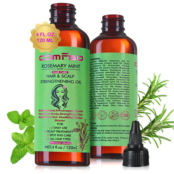 comfso Rosemary Oil for Hair Growth, Rosemary Mint Hair Oil Treatment For Dry Damaged,Split End, Scalp Hair Strenghtening Oil With Biotin, Castor Oil, 4 Fl Oz