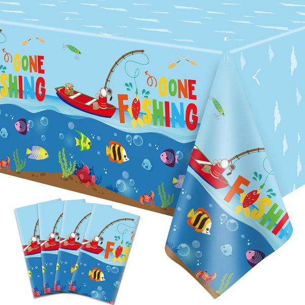 4 PCS Gone Fishing Tablecloths Fishing Birthday Decoration Plastic Disposable Little Fisherman 54 x 86" Table Covers for Rectangle Fishing Table cover Summer Baby Shower Camping Party Supplies