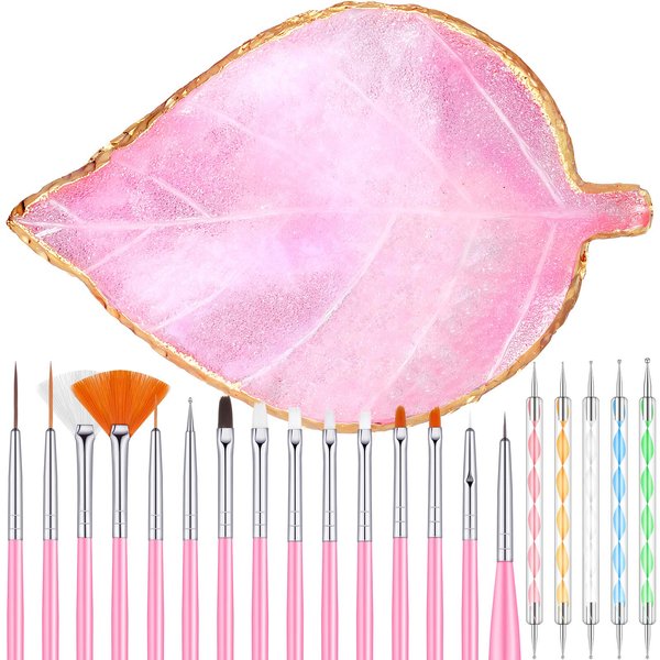 21 Pieces Nail Tools Kit, Resin Nail Palette Leaf Shape Mixing Palette and 20 Pieces Nail Design Brushes Golden Edge Resin Nail Holder Nail Gel Polish Colors Mixing Pallet (Pink)