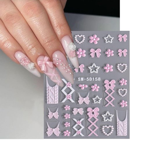 Flower Nail Stickers for Nail Art 5D Embossed Bow Nail Art Stickers Colorful Flowers Nail Decals Cute Pink Bow Nail Design Floral Nail Sticker for Women Girls Manicure Decoration Accessories (4Sheets)