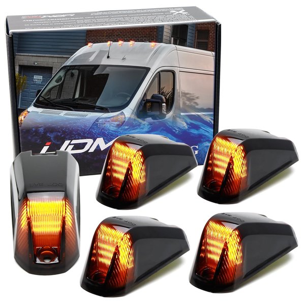 iJDMTOY 5pc Set Black-Out Smoked Lens Amber Yellow Full LED Front Cab Roof Clearance Marker Lamps Compatible With 2014-2023 Dodge RAM ProMaster 1500 2500 3500 Cargo RV Van