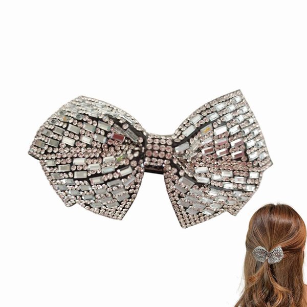 Bling Rhinestone Bow Hair Clip for Ponytail Holder, White Crystal Bowknot Spring Clip French Side Hair Barrettes Hair Pins Accessories for Women Girls