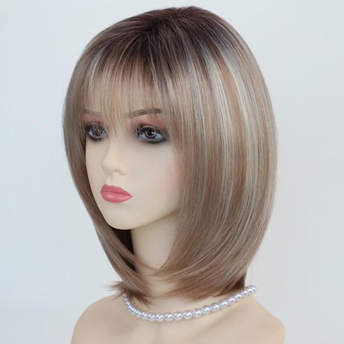 RENERSHOW Layered Blonde Bob Wigs for White Women with Bangs Straight Short Hair Wig Synthetic Ombre Blonde Highlight Bobo Haircuts Natural Daily Party Wig