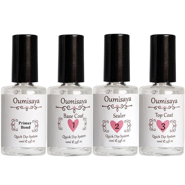 Oumisaya Nail Dip Powder Liquid Set include Primer Bond (Dehydrator), Base Coat, Activator (Seal Protect), Top Coat