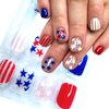 Independence Day Press on Nails Short Square- 4th of July Fake Nails with Red White Blue Five-Pointed Star Glitter Design Press on Nails for Women Acrylic Manicure Art False Nails Glue on Nails Kit 24