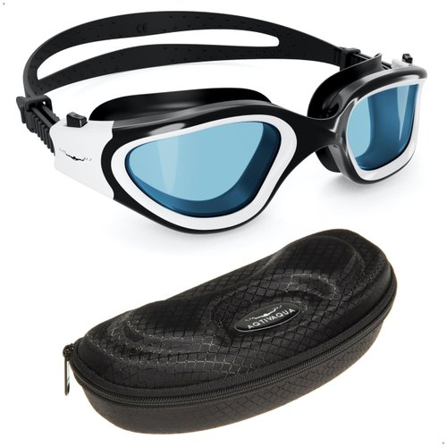 AqtivAqua Swim Goggles Swimming Goggles for Adult Men Women Kids 6-14 Youth Girls Boys Childrens DX-S (Black&White frame, Black case, Shade lens)