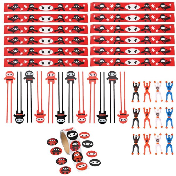 48 PC Ninja Party Pack Ninja Party Favors - Chop Sticks, Slap Bracelets, Stickers, Wall Climbers