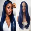 karissa Hair Dark Blue Lace Front Wigs for Women Soft Blue Long Natural Straight Realistic Synthetic Wig with Natural Hairline Glueless Heat Resistant Fiber Hair Cosplay Party Makeup Daily 24inches