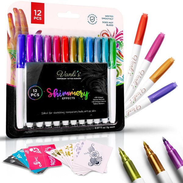 Vanli’s Temporary Tattoo Markers – Body Markers For Adults & Teens – 10 Waterproof Fake Tattoos And 30 Tattoo Stencil Paper Included – Body Art Markers For Skin. 12 Pack