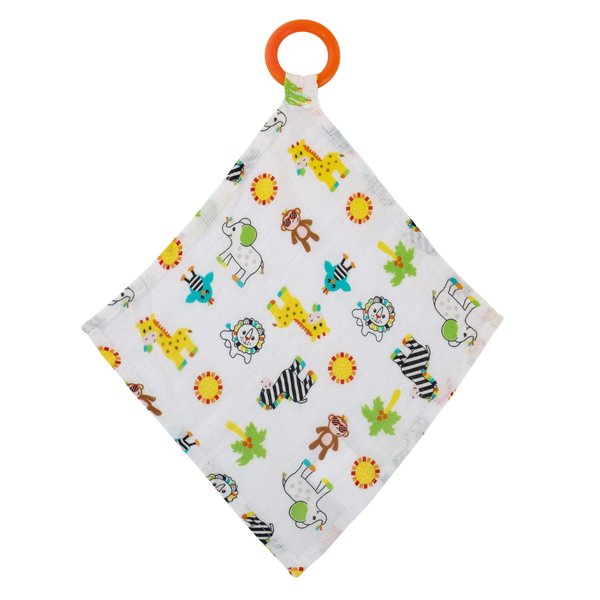 Sassy Baby Eli Elephant, Zebra and Giraffe Multi-Colored Print 100% Cotton Muslin Security Baby Blanket with Teether