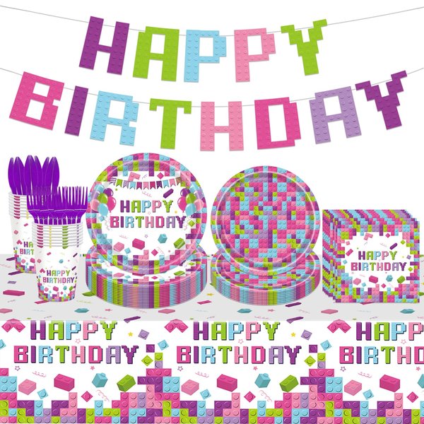 Poqirzan 98PCS Building Blocks Birthday Party Supplies Building Blocks Party Decoration Boys Girls Colorful Building Blocks Theme Paper Plates and Napkins Tableware Set Tablecloth Banner Serve 16